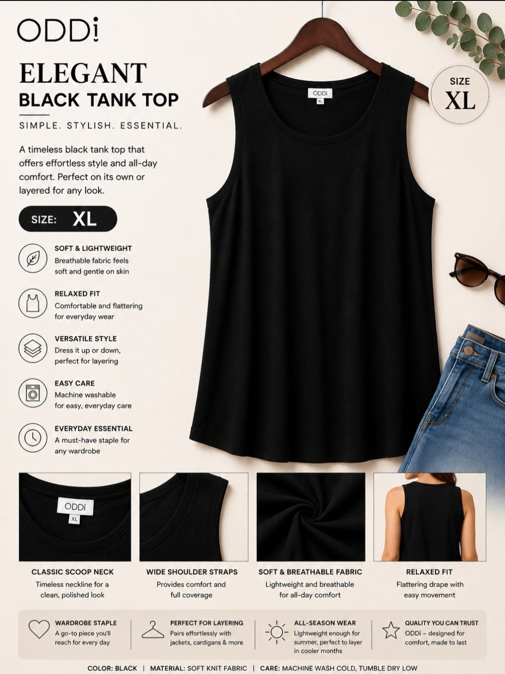 ODDi Women’s Black Scoop Neck Tank Top - Relaxed Fit